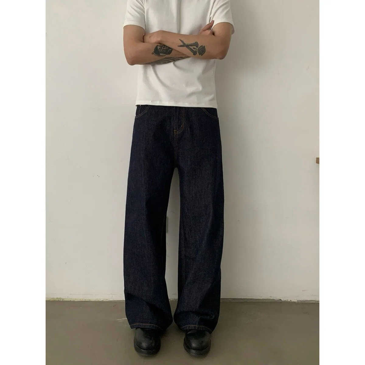 レトロ ボタンデザイン ストレートデニム