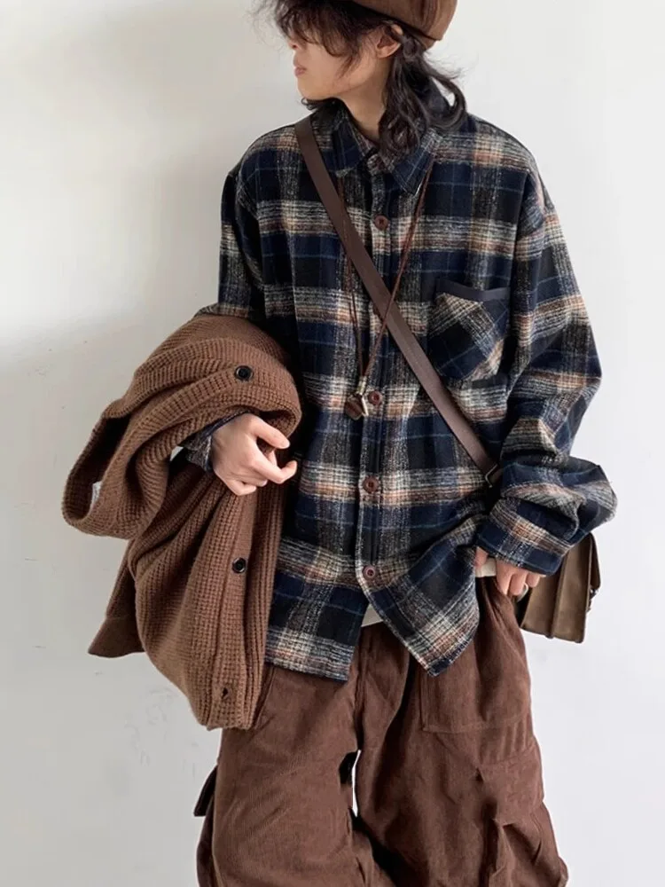 レトロ ウールライク 厚手チェックシャツ