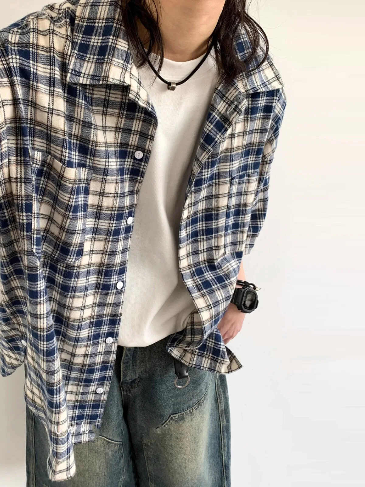 レトロ チェック オープンカラー半袖シャツ